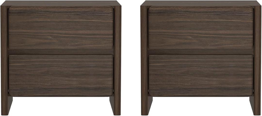 Manhattan Comfort Linda Nightstand Boho 24" Bedside End Table with 2 Handle-Free Drawers, and Wood Grain Finish, Minimalist Modern Small Nightstand for Bedroom, Living Room, Dorm in Walnut Brown (Set of 2)