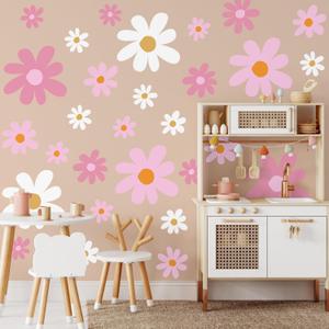 TaoBary 12 Sheets Daisy Wall Decal Flower Wall Sticker Cute Daisy Sticker Pink White Flower Decal Peel and Stick Floral Wallpaper for Nursery Bedroom Home Decor(Pink Color,Vibrant Style)