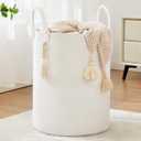 Woven Rope Laundry Hamper, Tall Laundry Basket for Blanket Storage, Large Dirty Clothes Hamper for Toys, Decorative Baby Nursery Hamper for Bedroom, Living Room - White, 58L