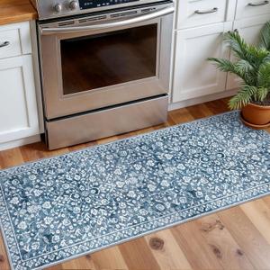 Vintage Washable 2x5 Rug, Blue and White Hallway Runner, Super Soft Non-Slip Kitchen Runner, Print Faux Wool Floral Thin Carpet for Entryway & Bedside