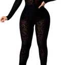 Uni Clau Women One Piece Outfits Mesh Sheer Bodycon Jumpsuit Long Sleeve See Through Party Club Outfits for Women (Large, Dark Black)
