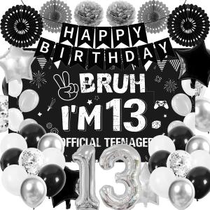 Black 13th Birthday Decorations for Girl Boys Bruh I'm 13 Backdrop, Banner, Paper Fan, Pompoms, Balloons, Bro I'm 13 Official Teenager 13th Party Decor Cheers to 13 Years Party Supplies