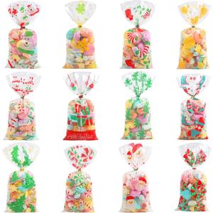 CCINEE Christmas Cellophane Bags,Xmas Assorted Treat Bags with Twist Ties Candy Cookie Bags for Party Supplies,144PCS