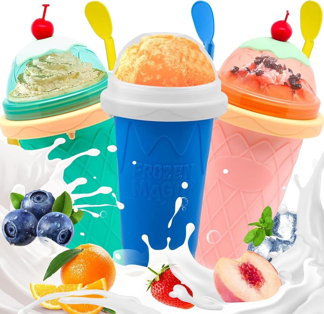 FANS-ONE Slushie Cup, 3 Pack Frozen Magic Slushy Cup, Reusable Slushy Maker Cup for Juice Ice Cream Milk Yogurt, DIY Cups with Lid & Straw Cool Stuff Things for Kids Friends Family (Blue+Pink+Green)
