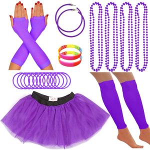 80s Fancy Dress Neon Accessories Tutu Party Costume, Adult Leg Warmers, Fishnet Gloves, 1980s Style Necklace Beads (Purple)
