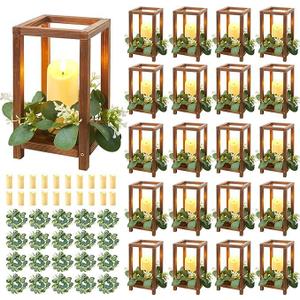 60 Pcs/20 Set Wooden Wedding Lantern Centerpiece,Wooden Centerpieces for Tables-with 20 Holders 20 Candles 20 Wreaths for Rustic Table Decoration Country Barn Wedding Party (Brown)
