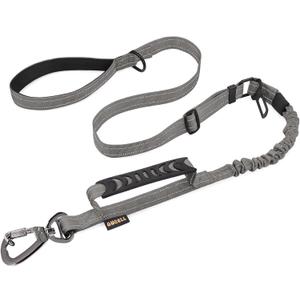 AUBELL Tactical Dog Leash Heavy Duty,4-6ft Reflective Strong No Pull Bungee Leash for Medium Large Dogs with Comfortable Padded Double Handle, Car Seat Belt,360 Degree Rotating Carabiner, Grey