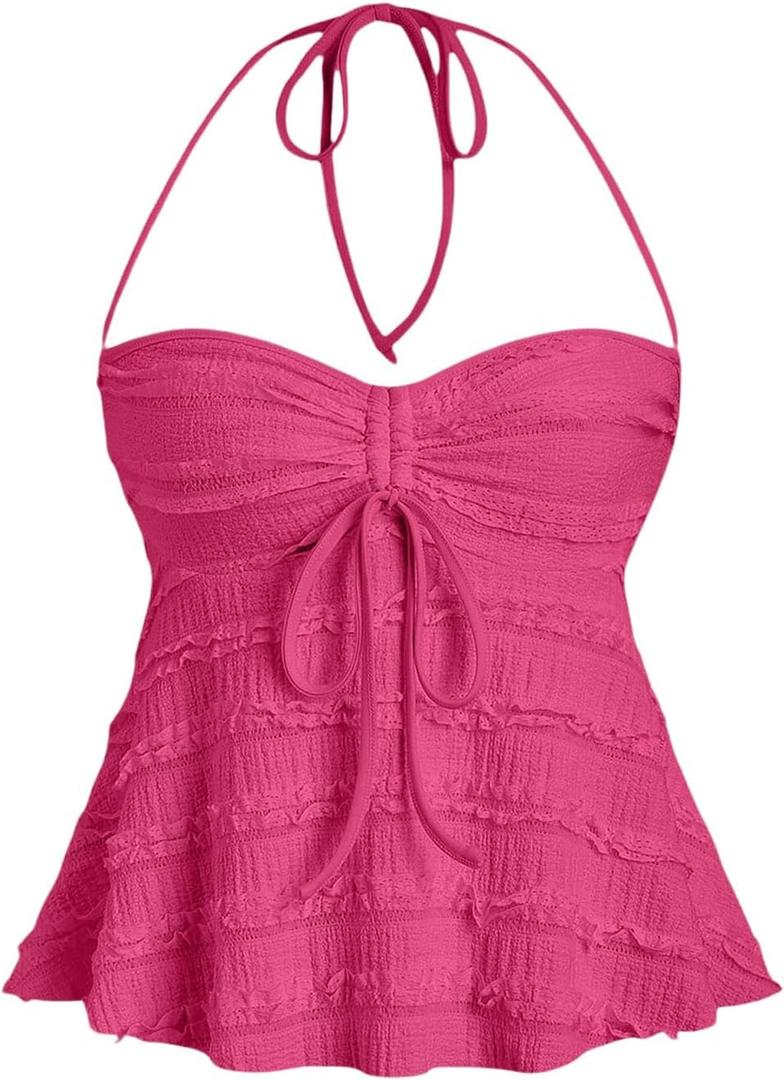 SOLY HUX Women's Peplum Halter Crop Tops Y2K Drawstring Tie Ruched Dressy Casual Spaghetti Strap Cami Top (Pink, M)