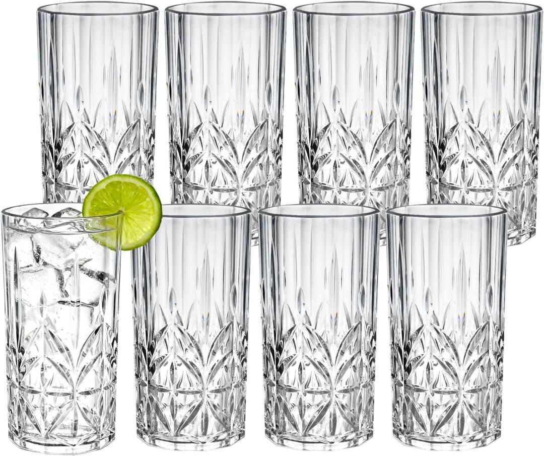 18oz Plastic Drinking Water Tumblers, 8 Pack Shatterproof Tritan BPA-Free Shatterproof Outdoor Highball Drinkware, Reusable Clear Plastic Cups, Dishwasher-Safe