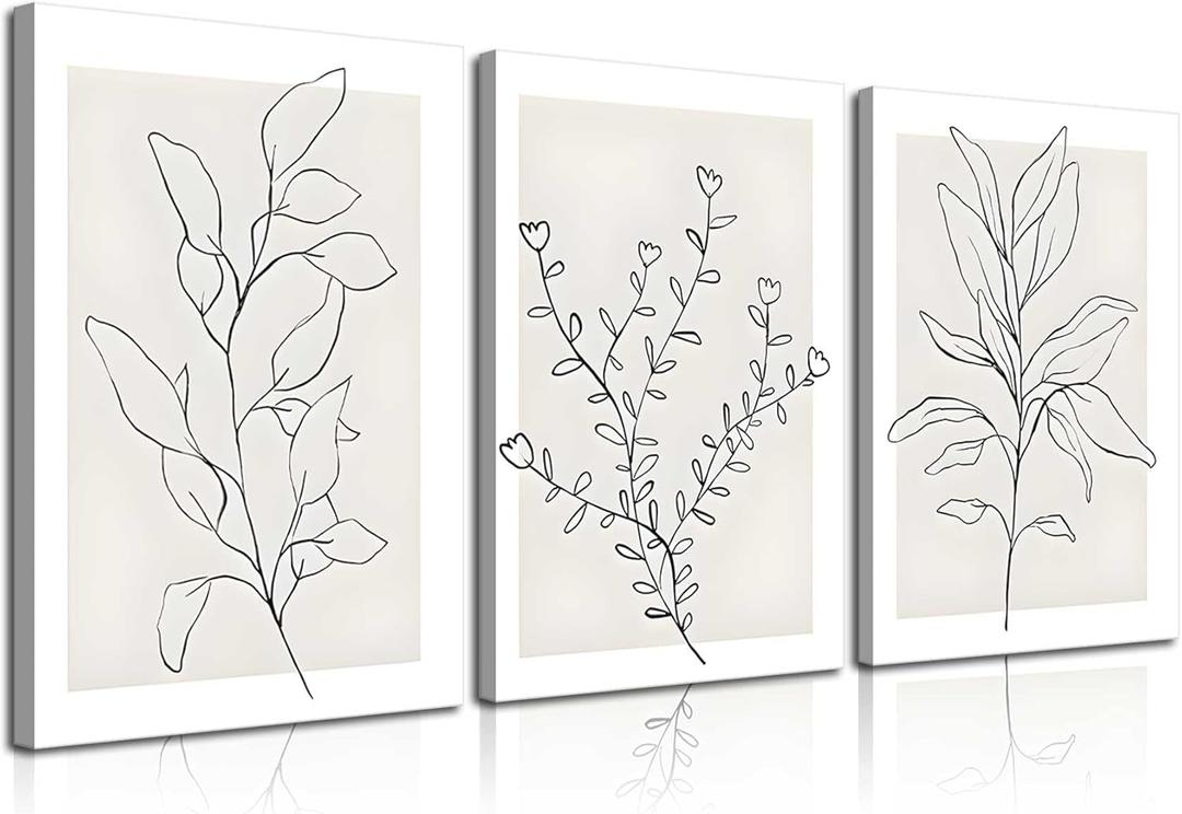3Pcs Framed Neutral Botanical Wall Art Minimalist Abstract Botanical Line Canvas Posters Prints Modern Beige Boho Plant Paintings Wall Decor Pictures for Bedroom Living Room Home Decoration