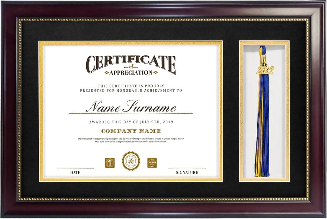 GraduatePro 11x17 Diploma Frame with Tassel Holder for 8.5x11 Certificate Graduation Gifts, Mahogany Gold Rim with Double Mat Black Over Gold, Real Glass