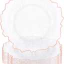 10Pcs Clear Charger Plates Bulk Wedding - 13" Premium Plastic Ruffled Rose Gold Rim Chargers with Flora Reef DesignDecorative Dinner Charger Plates for Events & Parties