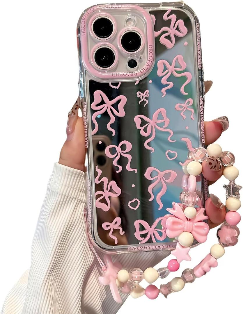 for iPhone 12 Pro Case, [Pink Bow Pattern][Shiny Mirror Case][2-in-1 with Beaded Wrist Strap] Soft TPU Frame, Shockproof and Anti-Shock, Suitable for Women & Girls