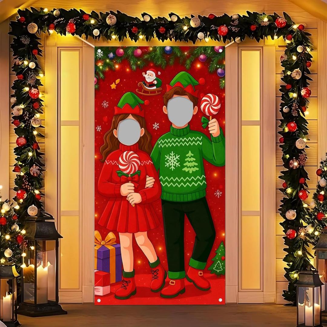 Christmas Couple Elf Photo Door Banner 35x71inch Holiday Backdrop Party Decorations Santa Background Supplies Photography Props Indoor Outdoor