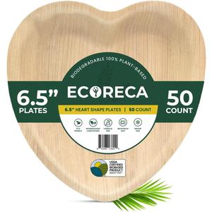 6.5-Inch Heart Shaped Palm Leaf Plates (50-Pack) Disposable for Appetizers Bamboo-Style Eco-Friendly Biodegradable Plates for Parties, Weddings & Catering | Camping Essentials