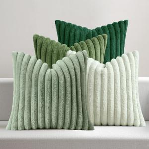 MIULEE Faux Fur Plush Decorative Throw Pillow Covers 18x18 Set of 4, Spring Modern Soft Fuzzy Striped Cushion Covers for Sofa Couch Bed Living Room Cozy Home Decor,Green