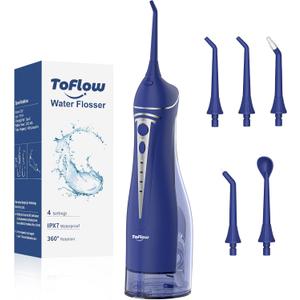 Water Dental Flosser Pick for Teeth: Cordless Rechargeable Oral Irrigator - 4 Modes IPX7 Waterproof 300ML Removable Tank Electric Dental Flossing Machine for Braces, Travel & Home Use (Dark Blue)