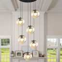 6-Light LED Staircase Modern Glass Globe Pendant Light Large Chandeliers for High Ceilings, Entryway Lighting Fixture Villas and Stairs (Black-Clear)