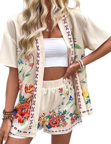 TUREAU Women Boho Tropical Print Beach Cover Up Shorts Set 2 Piece Summer Lounge Outfit Lightweight Swimwear Matching Outfit, WhiteBoho, Large