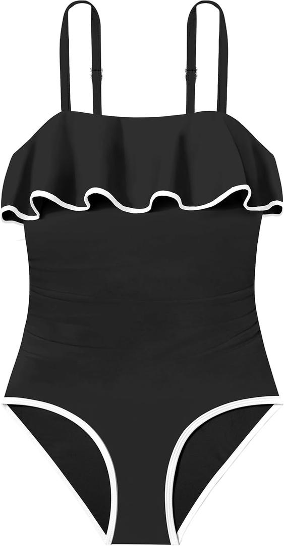 Girls Swimsuit One Piece Swimsuits Ruffle Solid Color Bathing Suit for Teens Contrast Trim Swimwear 9-16Y with Padded