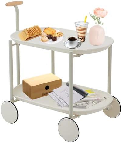 BFECGDXT 2 Tier Rolling Utility Trolley Cart, Service Carts with Handle and Wheels, Multifunctional Storage Organizer Snack Shelf for Living Room, Bedroom and Office, White, 24.8x16.5x25.4in