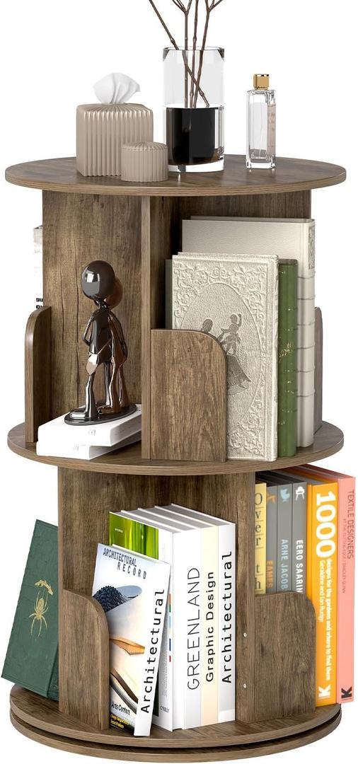 2-Tier Rotating Bookshelf, 360 Display Revolving Bookcase Space-Saving Storage Round Shelf for Corners, Living Room, Bedroom, Office, Kids Room (Light Brown)