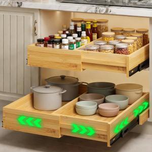 BAMEOS 2-Pack 14" to 20" Adjustable Width Soft Close Slide Out Bamboo Wood Drawer Organizer for Kitchen,Pantry, Bathroom & Under Sink, 2-Pack Wooden Storage, 21" Depth, 66 lbs Capacity