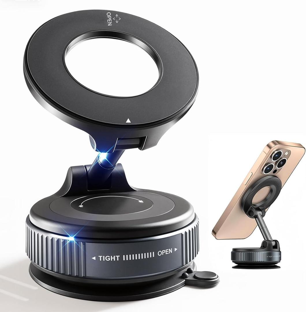 Upgraded Magnetic Phone Holder for Car, 360 Adjustable Vacuum MagSafe Car Mount, Reinforced 98 LBS Ultra Suction Cup Foldable Bracket, Works with iPhone, Android and All Smartphones (Black)