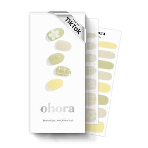 ohora Semi Cured Gel Nail Strips (N Olivia) - Green, Patterned, Works with Any UV/LED Lamps, Salon-Quality, Long Lasting, Easy to Apply & Remove - Includes 2 Prep Pads, Nail File & Wooden Stick