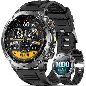 Military Smart Watches for Men, Smart Watch with 1000 mAh Battery/Answer/Dial Calls/Fitness Tracker/Flashlight/Heart Rate/Sleep Monitor/100+ Sports Mode, 1.7″ Waterproof Smartwatch for Android/iPhone