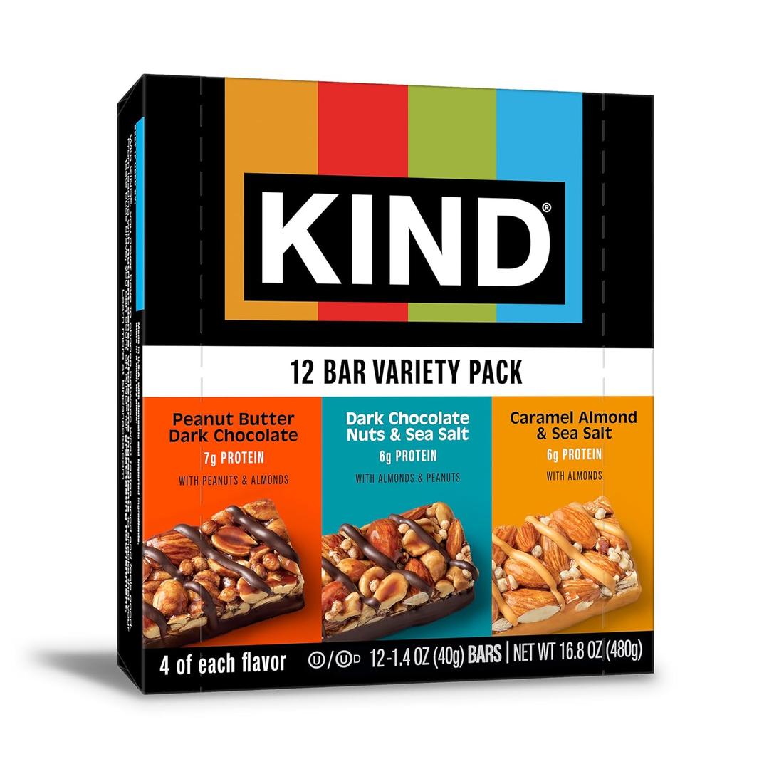 KIND Healthy Snacks Bars Variety Pack, Gluten Free, Low Sugar, High Fiber Snacks, Dark Chocolate Nuts & Sea Salt, Peanut Butter Dark Chocolate, Caramel Almond & Sea Salt, 6-7g Protein, 12 Count (EXP 05/28/26)