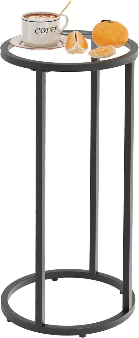 Heakrit C Shaped Side End Table, Round Glass Side Table Nightstand for Small Spaces, Small Round Drink Snack Accent Martini Table for Living Room Bedroom (Black)