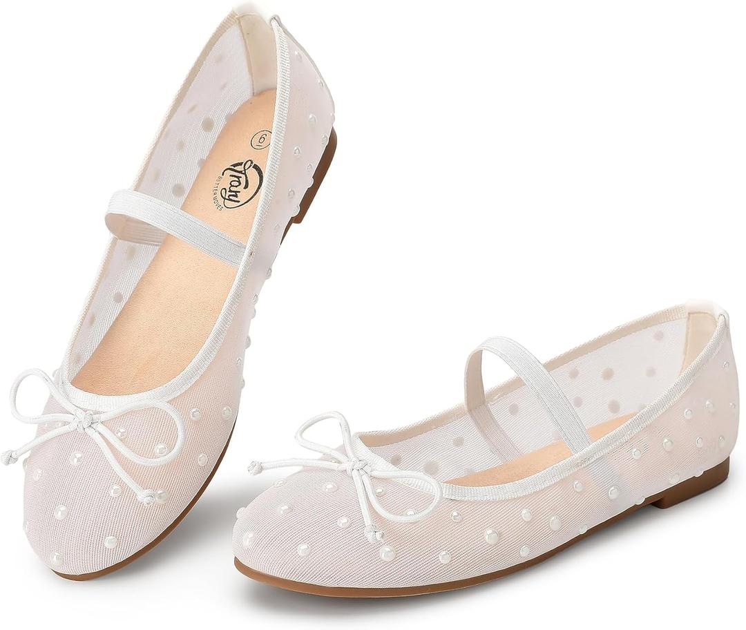 Trary Flats for Women Closed Round Toe Ballet Flats Mary Jane Shoes Women with Elastic Strap Cute Bowknot Comfortable Dress Shoes for All-Year Daily Work Casual Wear (5.5, Mesh White)