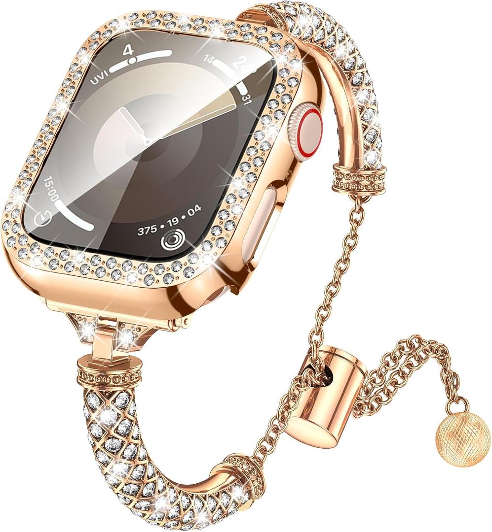 LETOID Bling Band & Case Compatible with Apple Watch 40mm 41mm 42mm 44mm 45mm 46mm Series 10 9 8 7 6 5 4 SE for Women, Fancy Metal iWatch Bands Rhinestone Bracelet Dressy Strap with Face Cover