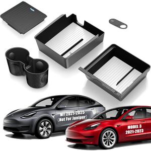 5Pcs Center Console Organizer Tray Compatible for Tesla Model Y Accessories 2025 2024-2021 Armrest Hidden Drawer Storage Box Cup Holder (Not Compatible for Model 3 Highland & Model y Juniper)-Gray