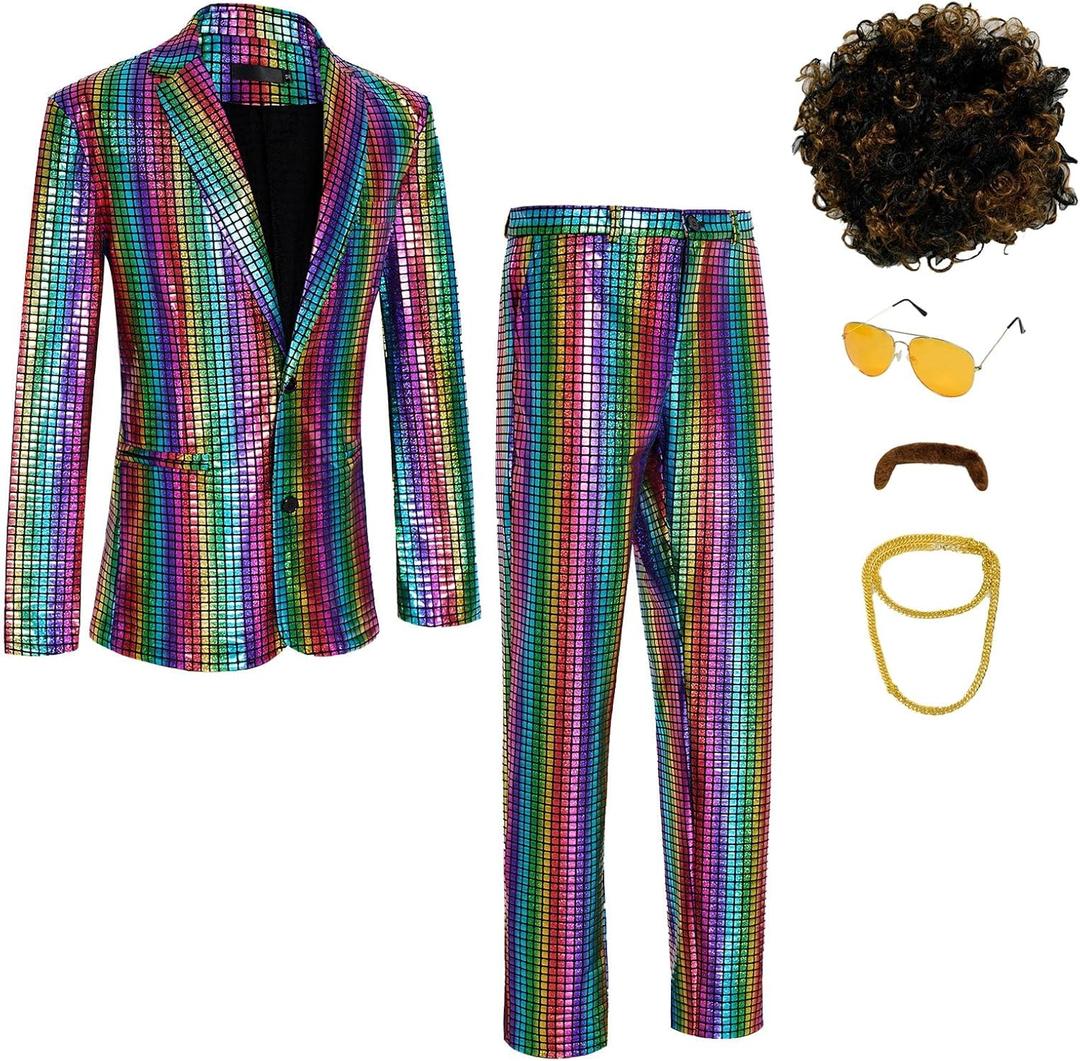 Men's 70s Disco Costume Shiny Metallic Sequin Suits Set Prom Party 2 Piece Outfits (3X-Large)