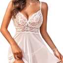 Avidlove Women Lingerie Lace Babydoll Strap Chemise Halter Teddy V Neck Sleepwear (Medium, White)