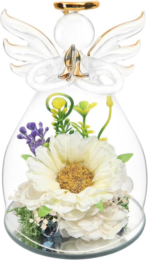 Birthday Gifts for Women, Artificial Flower Sunflower Gifts in Glass Angel Figurines, Anniversary, Valentines Day Gifts for Women, Birthday Unique, Angel Gifts from Daughter