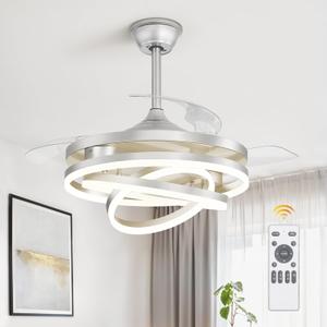 LEDIARY 42 Inch Retractable Ceiling Fan with Lights, Fandelier Ceiling Fan with 6 Speeds,3000K-6000K Adjustable,and DC Motor,Chandelier Ceiling Fans with Lights for Bedroom Living Room,Silver