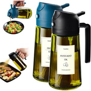 TrendPlain - 16oz Olive Oil Dispenser for Kitchen - 2 in 1 Olive Oil Dispenser and Oil Sprayer - Olive Oil Dispenser Bottle w/ Stickers - Olive Oil Sprayer for Cooking 2Pcs Black&Navy (Light Blockage)