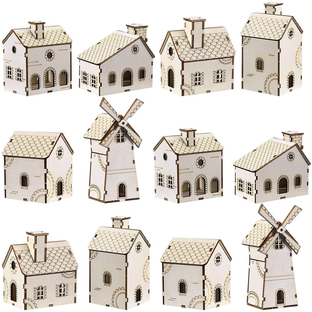 Hiboom 12 Pcs DIY Christmas Village Sets Wood Peaked Roof Houses Christmas Mini Wooden House Gift for Winter Xmas Party Decorations