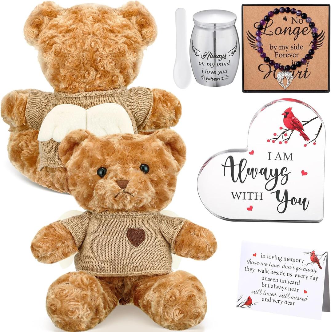 Kenning Cremation Keepsake Urn for Ashes Set, Memorial Bear with Mini Urn & Spoon, Acrylic Heart Memorial Plaque, Angel Wing Bracelet, Sympathy Bereavement Gift for Loss of Loved One/pet(Light Brown)