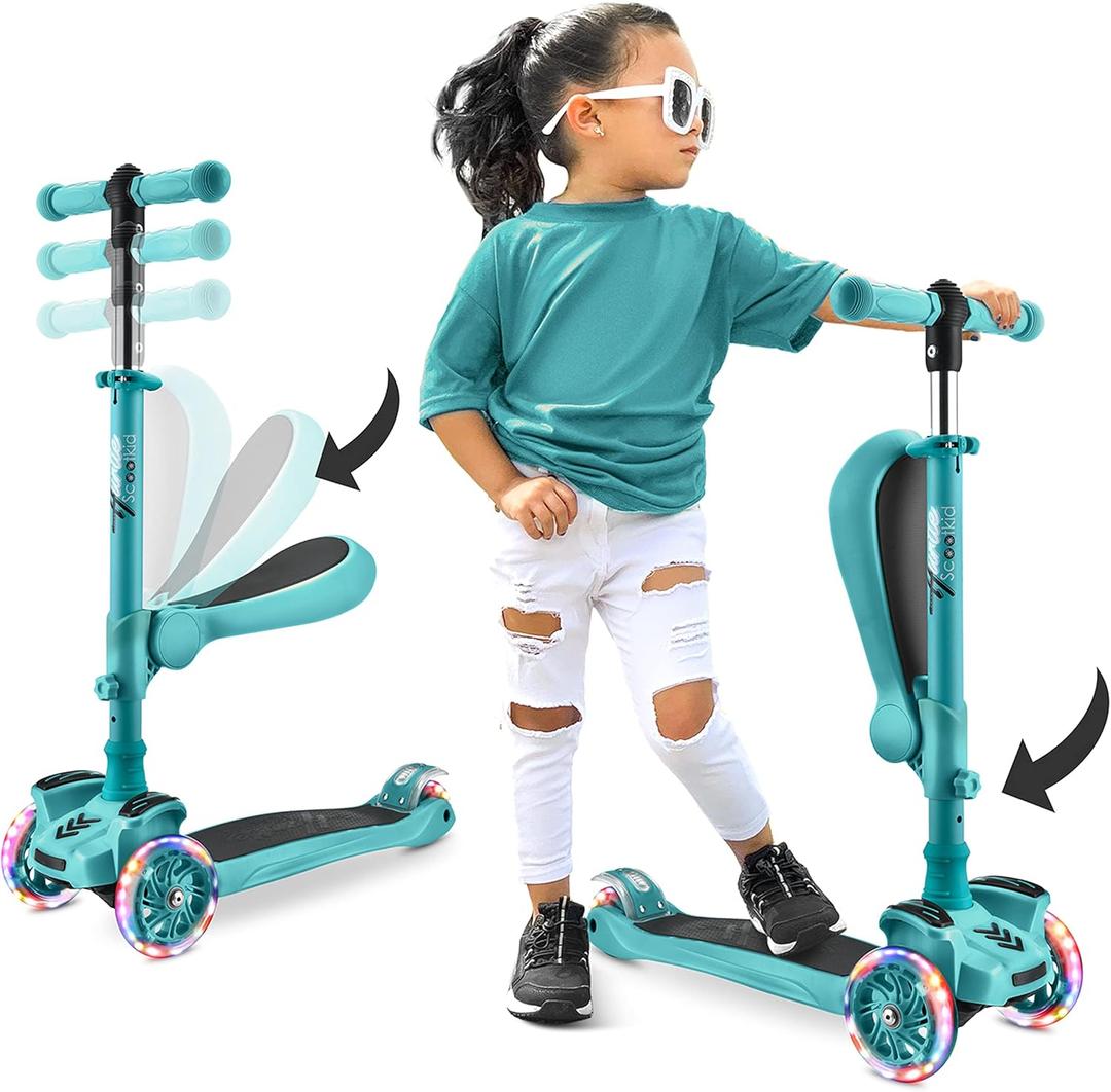Hurtle 3-Wheeled Scooter for Kids - Wheel LED Lights, Adjustable Lean-to-Steer Handlebar, and Foldable Seat - Sit or Stand Ride with Brake for Boys and Girls Ages 1-14 Years Old (Teal)