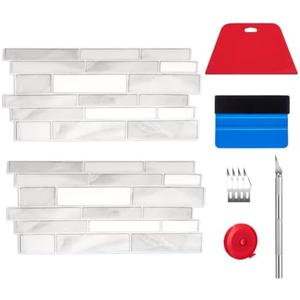 Affrolling 40 Sheets Peel and Stick Backsplash Tile for Kitchen with Wallpaper Tools Kit, Self Adhesive Tile for Kitchen Backsplash and Bathroom(Marble,White)