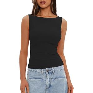 Women's Minimalist Summer Sleeveless T-Shirt with Swinging Collar Design in Black and Beige, Medium 