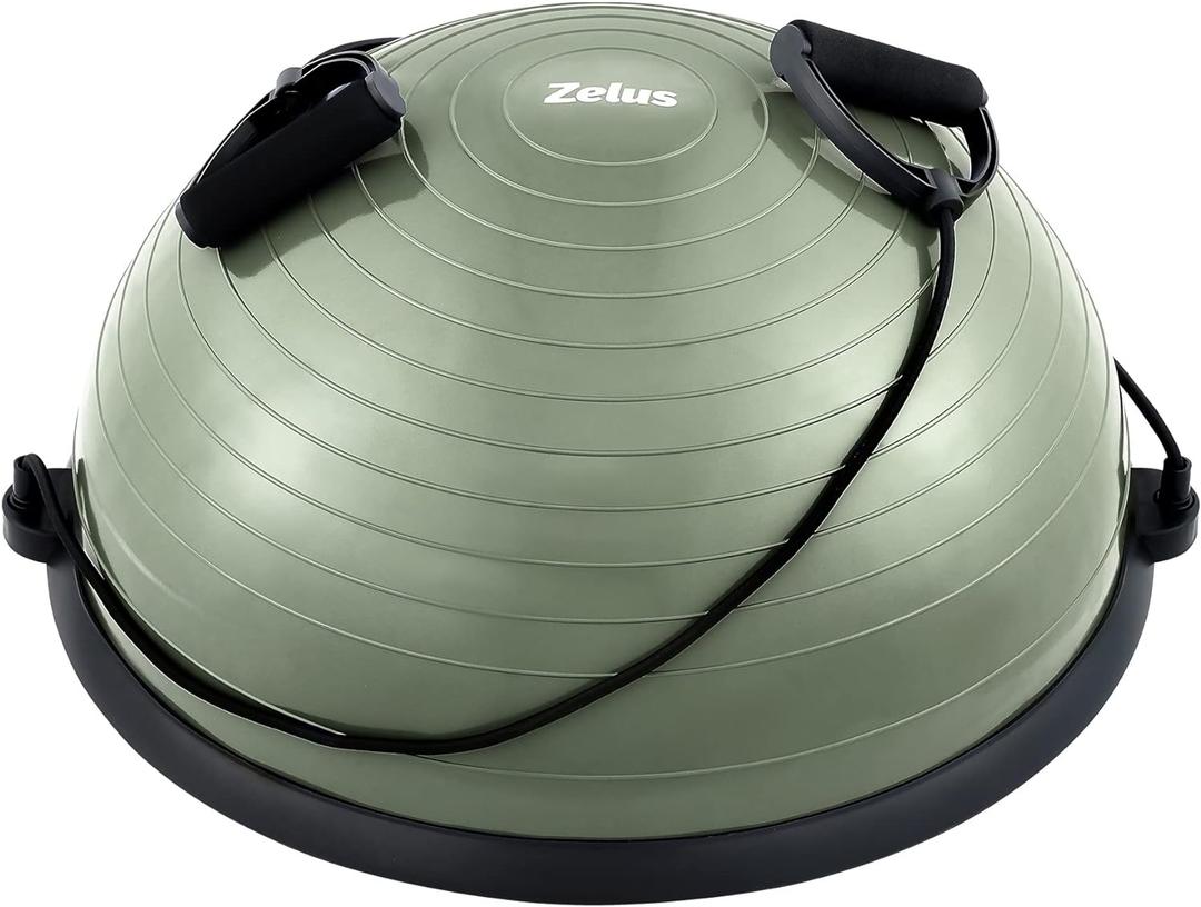 ZELUS Balance Ball Trainer with Resistance Bands and Foot Pump, Inflatable Yoga Ball for Home Gym Workouts, 23 Inch Exercise Half Ball for Balance Training Core Strength Fitness More, 330lb Cap (Matcha green)