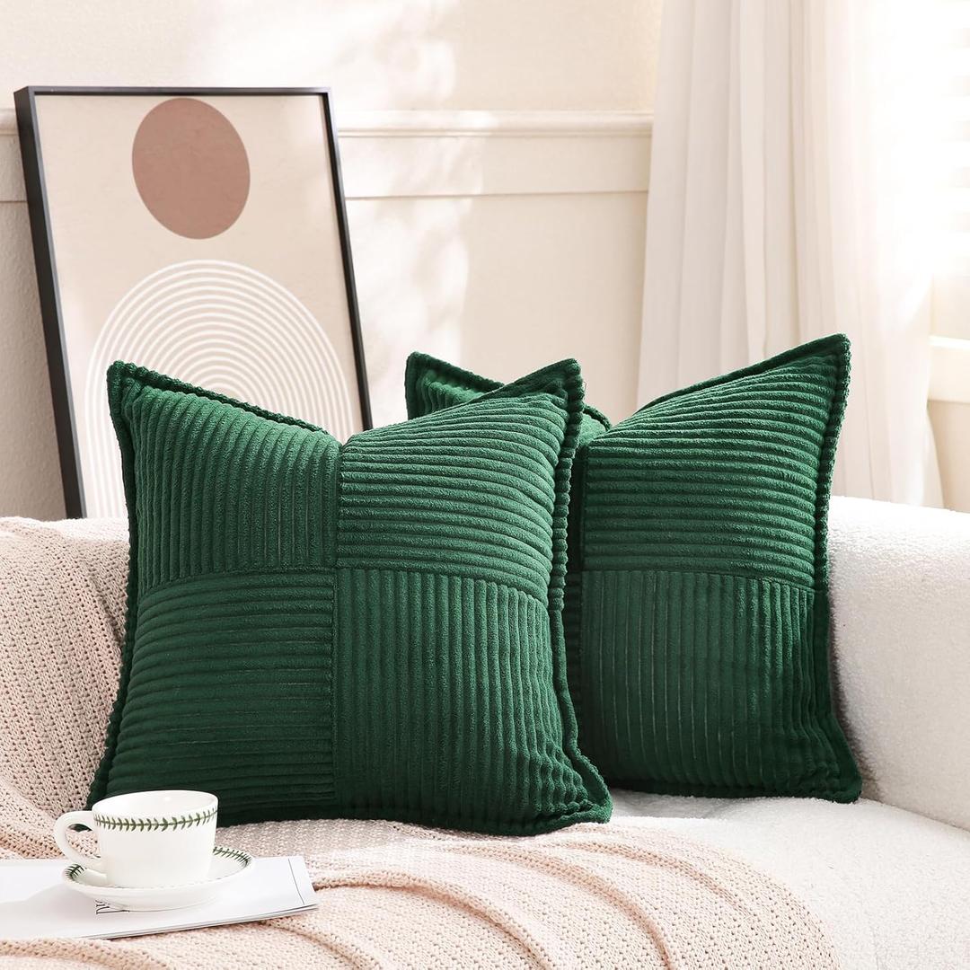 Puncuntex Corduroy Throw Pillow Covers Set of 2 Boho Decorative Green 1818 Inch,Super Soft Pillowcase Cozy Striped Texture Cushion Cover for Couch,Sofa,Farmhouse,Living Room