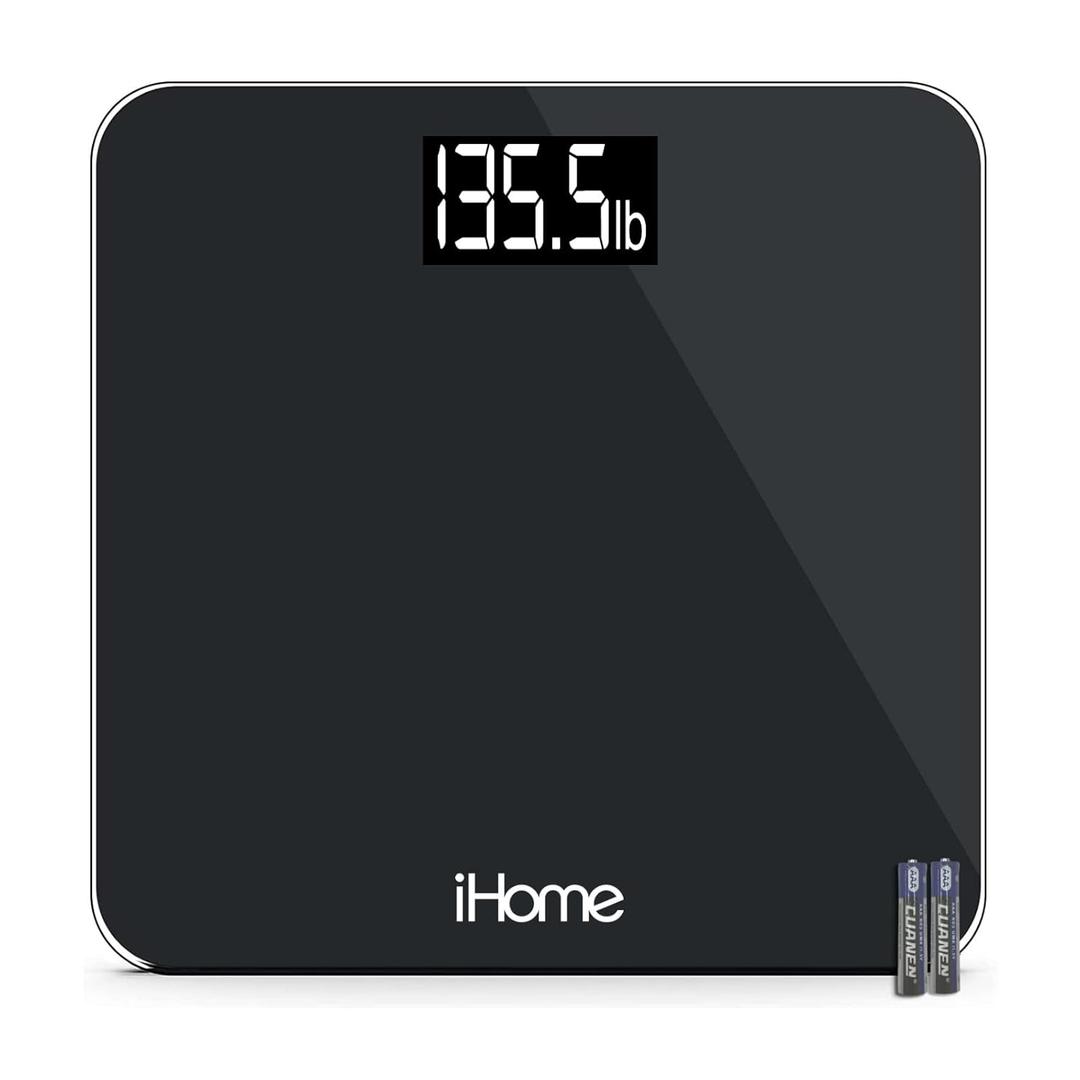 iHome Digital Step On Bathroom Scale - High Precision Body Weight Scale - Battery Powered with LCD Display - Great for Home Gym - 396 lb (Black) (Black 10 Inch)