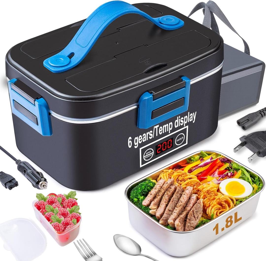 Nifogo Electric Lunch Box for Adults 80W with Temperature Display Heated Lunch Box Food Warmer Lunch Box 1.8L Stainless Steel Container&Bag 12V/24V/110V for Car/Truck/Work(Blue)
