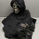 Haunted Hill Farm Life-Size Scary Grim Reaper with Chain, Halloween Animatronic with Touch Activated Lights and Sounds, Battery Operated Indoor or Covered Outdoor Halloween Decorations, Halloween Prop, 65"